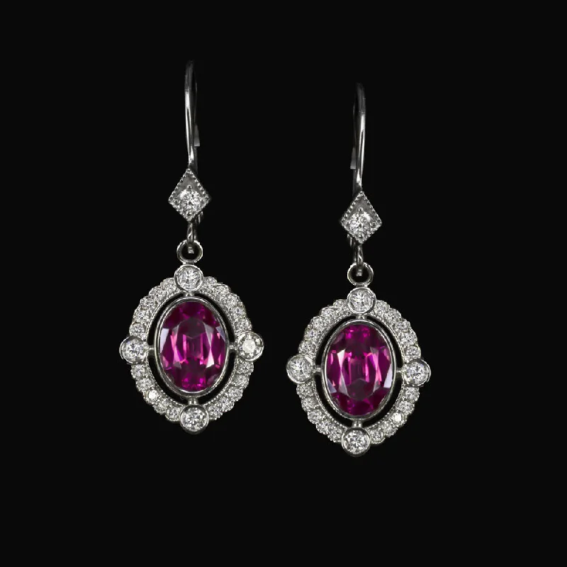 Trendy Hoop Earrings For Summer Fashion-RHODOLITE GARNET LAB GROWN DIAMOND DANGLE EARRINGS VINTAGE STYLE SCALLOP HALO