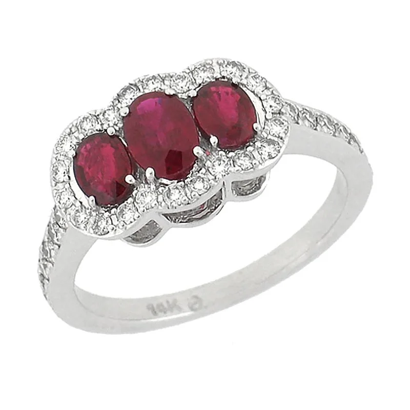 Trendy Gemstone Rings For Fashion-forward Women-WHITE GOLD FASHION RING WITH 3 OVAL CUT RUBIES AND SIDE DIAMONDS, .52 CT TW