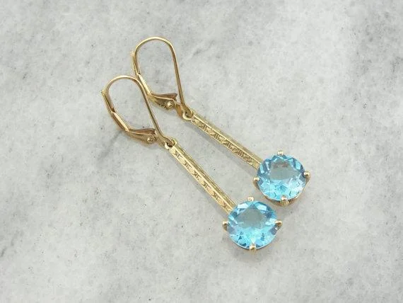 Custom Birthstone Earrings For Family Gifts-Blue Topaz  in Vintage Fine Gold Drop Earrings