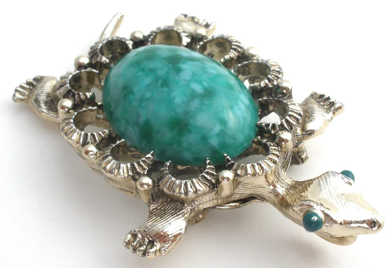 Crystal Flower Brooch For Women-Gerry's Green Glass Stone Turtle Brooch Pin