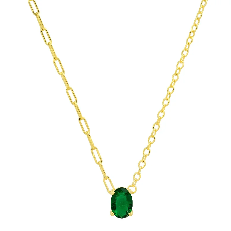 Trendy Chain Necklaces For Casual Wear-GREEN SOLITAIRE OVAL NECKLACE, GOLD