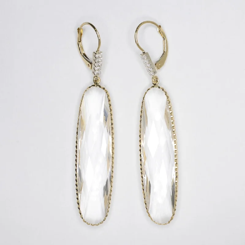 Elegant Pearl Earrings For Black Tie Event-QUARTZ DIAMOND DANGLE EARRINGS 1.5 INCH LONG NATURAL 14k YELLOW GOLD DROP BIG