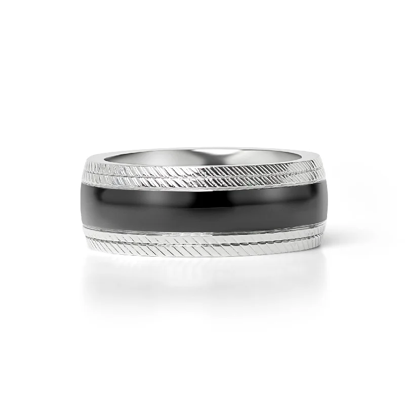 Affordable Wedding Rings For Couples-Black Center Stainless Steel Lined Pattern Edge Ring / CFR7013