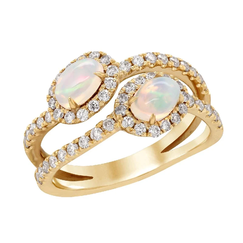 Adjustable Gemstone Rings For Comfortable Fit-YELLOW GOLD FASHION RING WITH OVAL OPALS AND DIAMOND HALOS, .62 CT TW