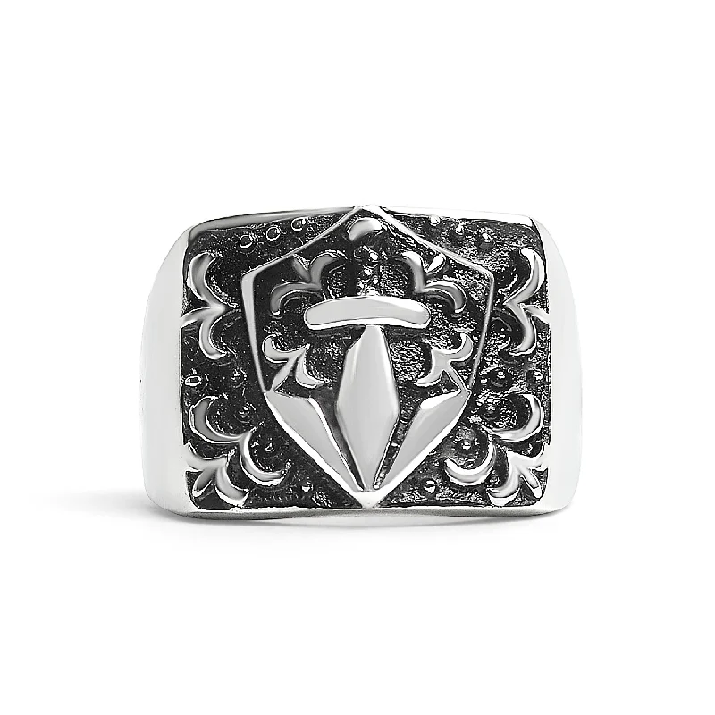 Unique Gemstone Rings For Gifting-Stainless Steel Sword And Fleur De Lis Signet Ring / SCR2218