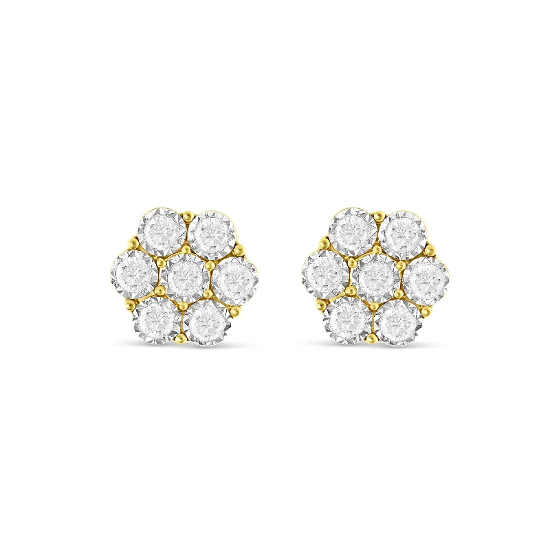 Custom Pearl Earrings For Bridesmaids Gifts-0.70 Ct Yellow Gold Bezel Set Diamond Flower Stud Earrings