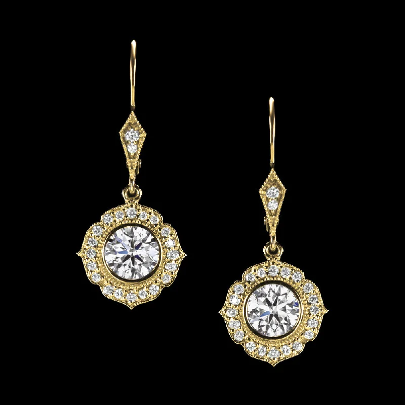 Alluring Earrings For Nighttime Events-1.22ctw LAB CREATED DIAMOND DANGLE EARRINGS VINTAGE STYLE HALO DROP YELLOW GOLD