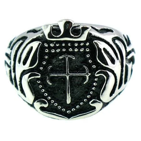 Affordable Engagement Rings For Brides-Stainless Steel Studded Filigree Cross Signet Ring / CRJ2564