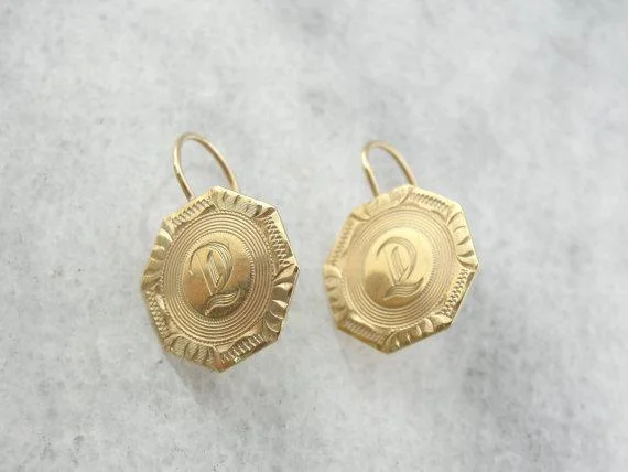 Gorgeous Chandelier Earrings For Weddings-D Initialed 14K Yellow Gold Cufflink Drop Earrings