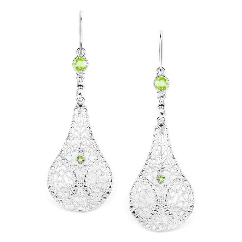 Chunky Earrings For Modern Fashion-PERIDOT FILIGREE EARRINGS STERLING SILVER DANGLE TEARDROP VINTAGE STYLE GREEN