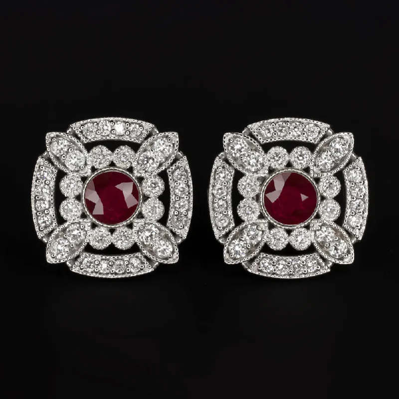 Boho Earrings For Summer Festivals-NATURAL RUBY DIAMOND STUD EARRINGS ART DECO VINTAGE STYLE 14k WHITE GOLD RED