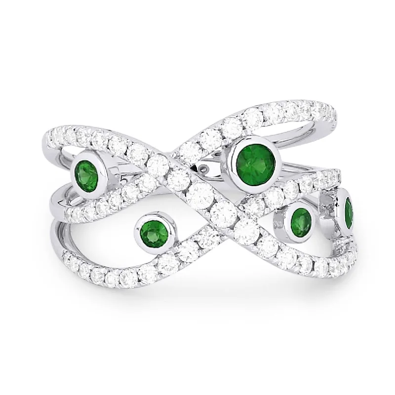 Handmade Engagement Rings For Unique Proposals-WHITE GOLD FASHION RING WITH DIAMONDS AND EMERALDS, .65 CT TW