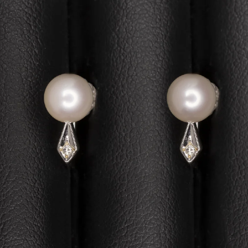 Gorgeous Earrings For Christmas Gifts-VINTAGE PEARL DIAMOND 14k WHITE GOLD EARRINGS RETRO ESTATE STUD GIFT CLASSIC