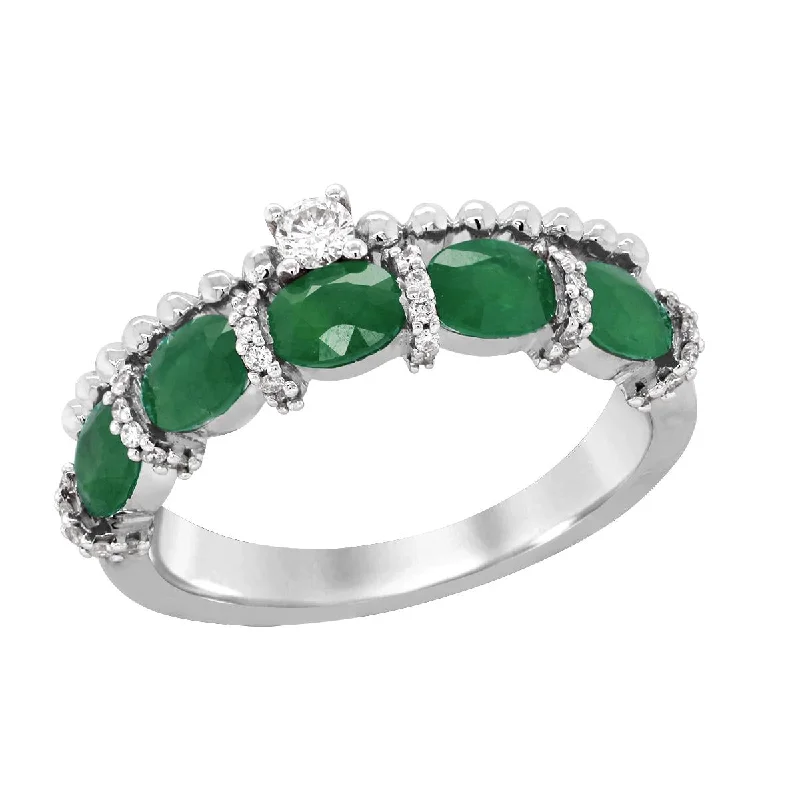 Unique Promise Rings For Couples-WHITE GOLD RING WITH OVAL EMERALDS AND SIDE DIAMONDS