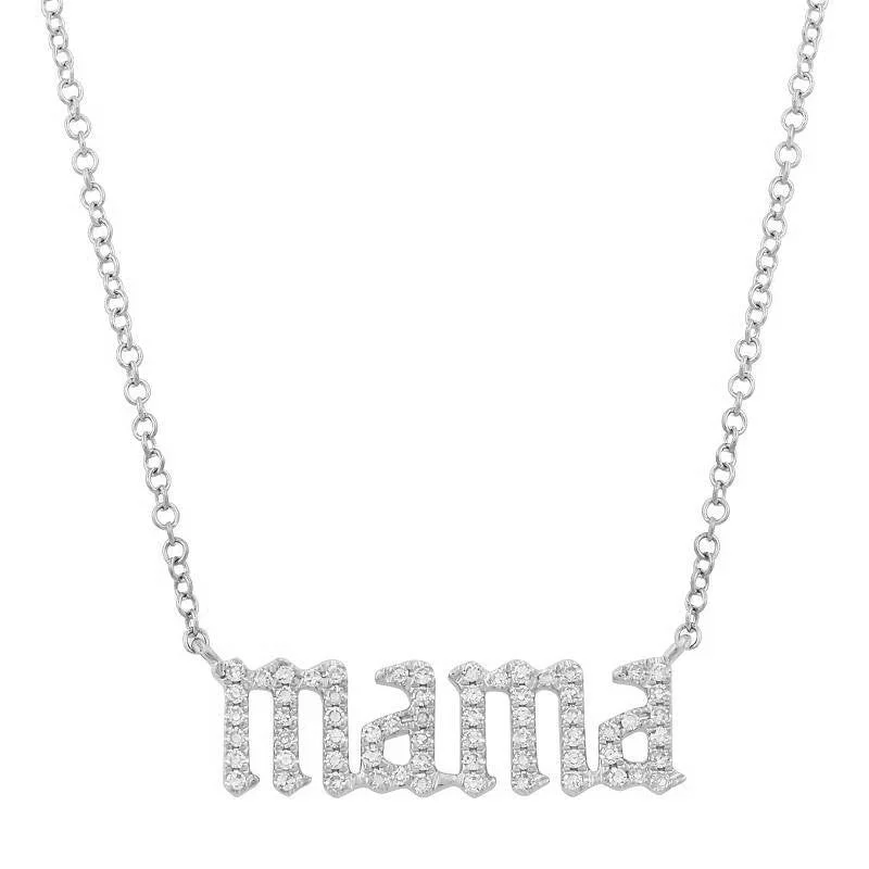 Modern Silver Necklaces For Office Fashion-14K White Diamond Gothic Font Mama Necklace