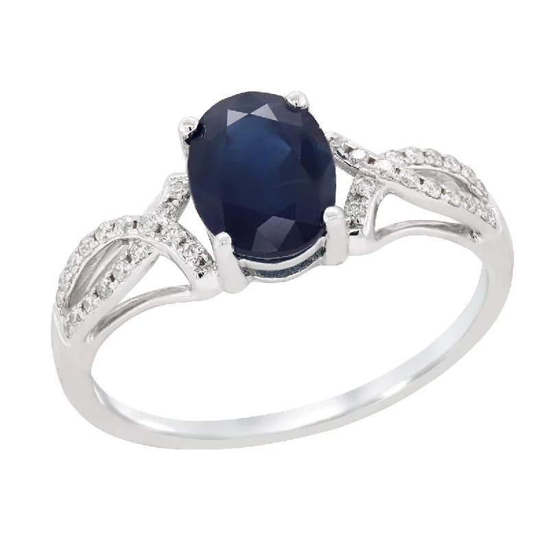 Fashionable Gemstone Rings For Elegant Style-WHITE GOLD OVAL CUT SAPPHIRE RING WITH SPLIT SHANK AND DIAMONDS, .14 CT TW