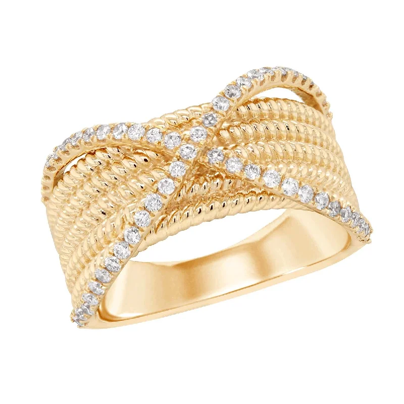 Custom Engagement Bands For Unique Proposals-YELLOW GOLD FASHION RING WITH CRISS CROSS DIAMONDS, 3/8 CT TW