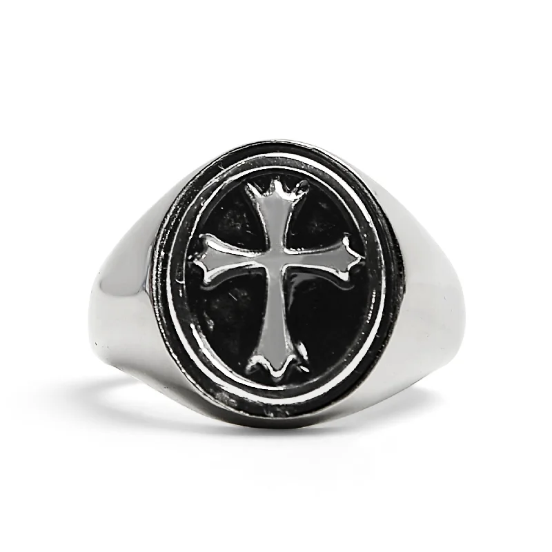 Stylish Engagement Rings For Fashionable Brides-Stainless Steel Polished Cross Signet Ring / SCR2215