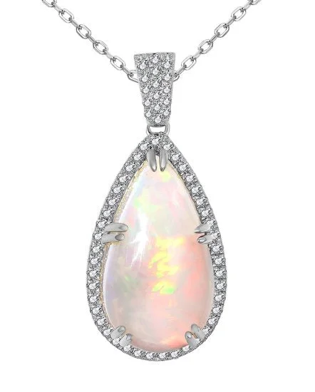 Sparkling Necklaces For Glamorous Looks-14kw Gold Opal Necklace with Diamond Halo