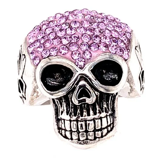 Geometric Rings For Modern Fashion-Skull With Tiny Lilac Purple Accent CZ Stones Stainless Steel Ring / SCR3106