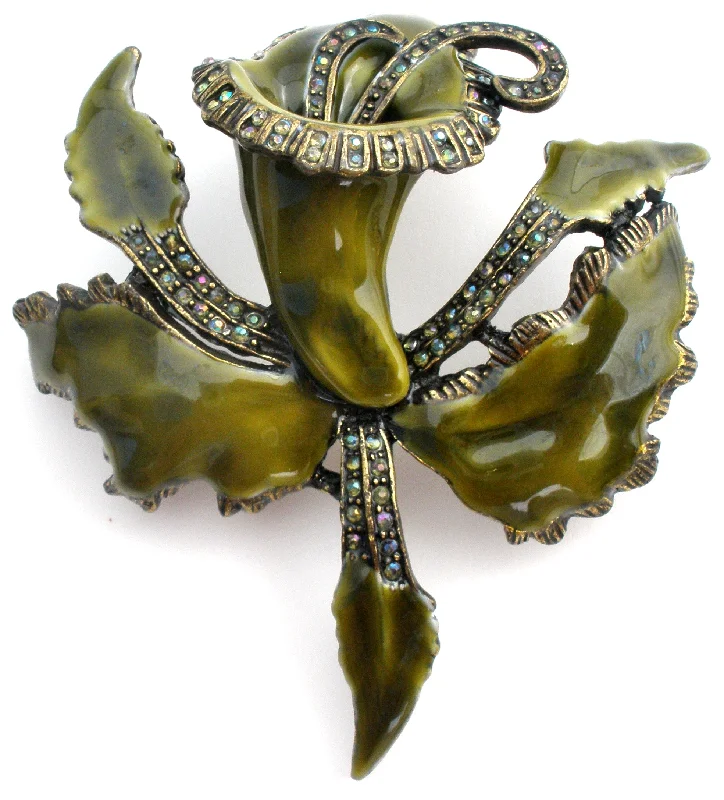 Silver Brooch For Special Occasions-Green Enamel & Rhinestone Orchid Brooch Laila Rowe