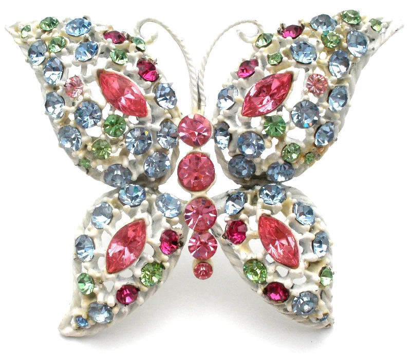 Vintage Brooch For Vintage Outfits-White Enamel Multi Color Rhinestone Butterfly Brooch Pin