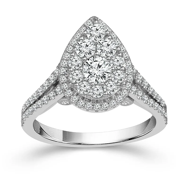 Stylish Infinity Rings For Special Gifts-WHITE GOLD STATEMENT RING WITH PEAR SHAPED CLUSTER AND DIAMOND HALO, 1 1/4 CT TW