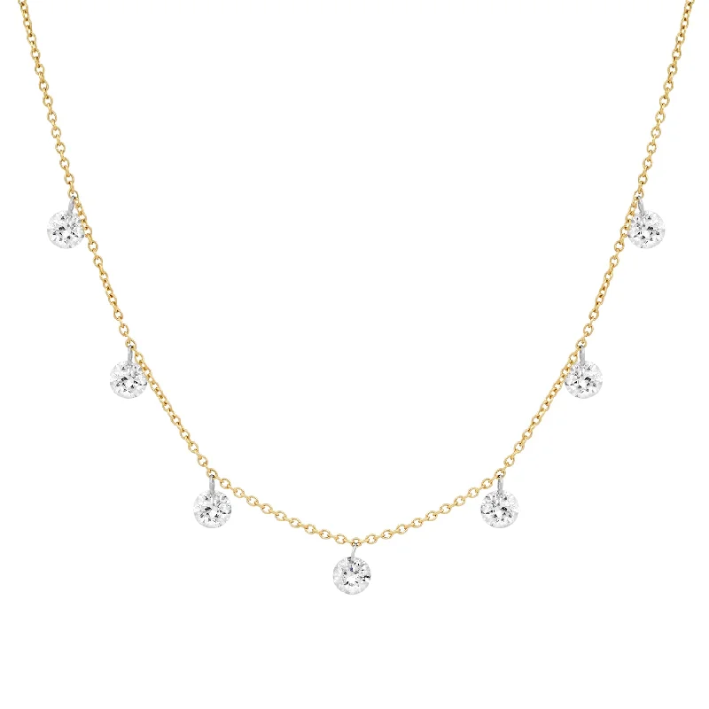 Beautiful Necklaces For Birthday Gifts-LARGE DAZZLING 7 DIAMOND FLOATING NECKLACE, 14kt GOLD