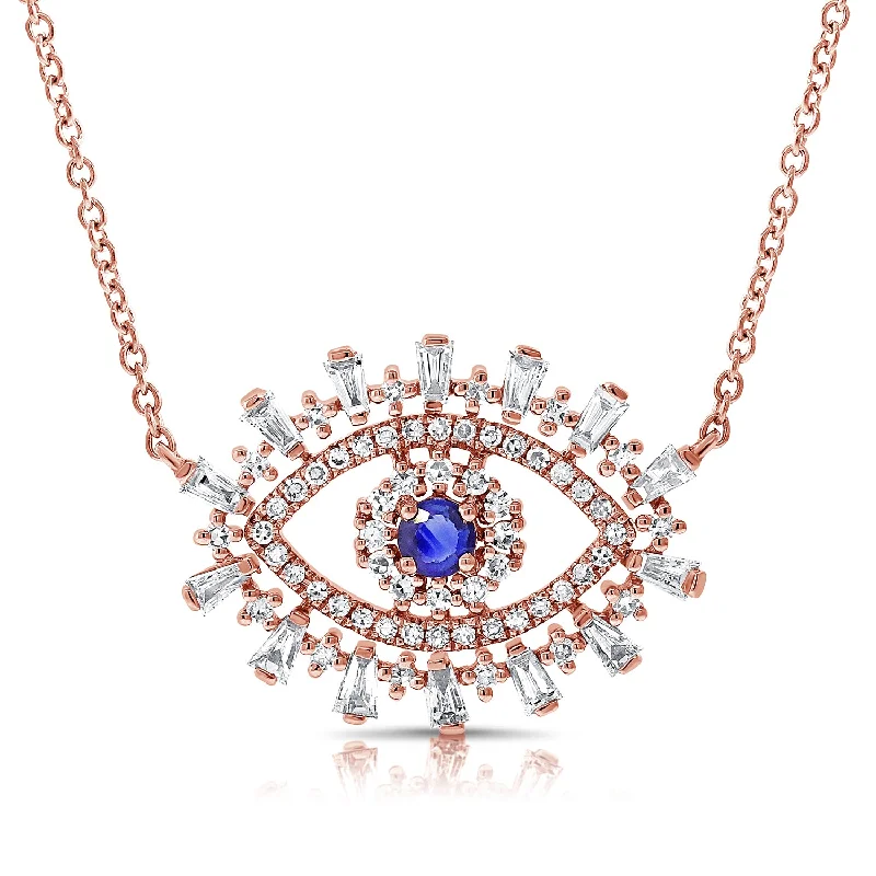 Romantic Heart Necklaces For Girlfriend-14K Rose Gold Diamond + Sapphire Evil Eye Necklace