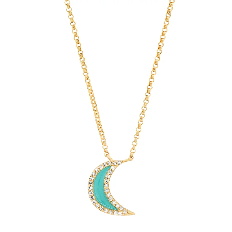 Simple Crystal Necklaces For Casual Look-TURQUOISE ENAMEL CRESCENT MOON NECKLACE, GOLD