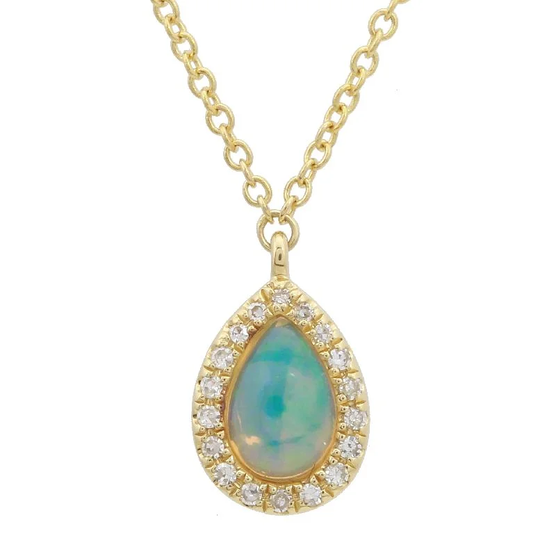 Elegant Wedding Necklaces For Bride-14k Yellow Gold Diamond & Opal Pear Necklace