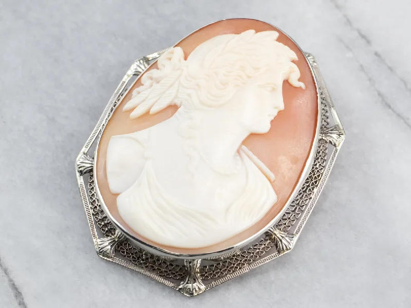 Designer Brooch For Cocktail Dresses-Art Deco Demeter Cameo White Gold Brooch Pendant