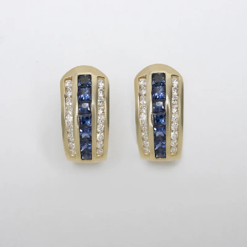 Stylish Earrings For Fashion-forward Women-2.10ct SAPPHIRE DIAMOND HUGGIE EARRINGS CHANNEL SET HOOP 14k YELLOW GOLD NATURAL