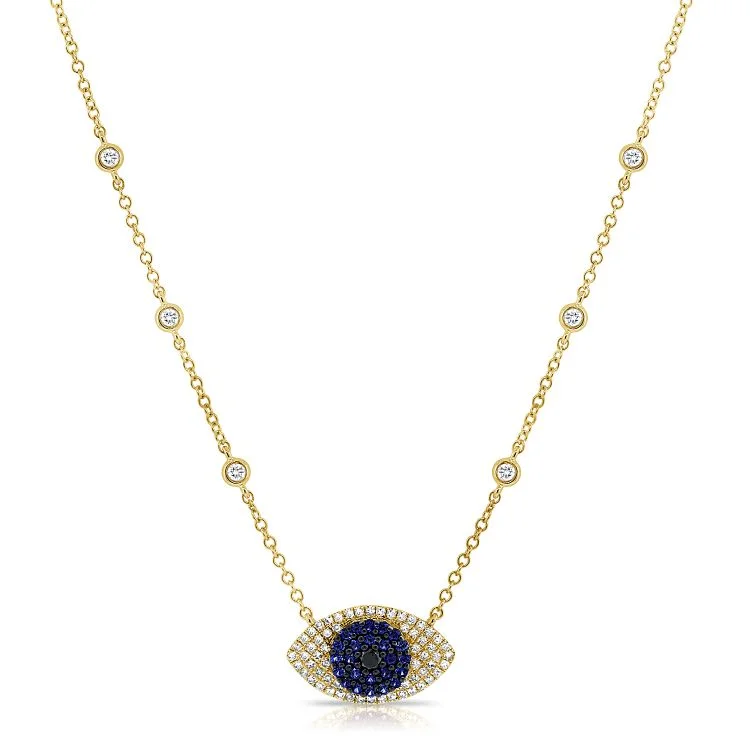 Elegant Choker Necklaces For Elegant Look-14K Yellow Diamond Sapphire Evil Eye Necklace