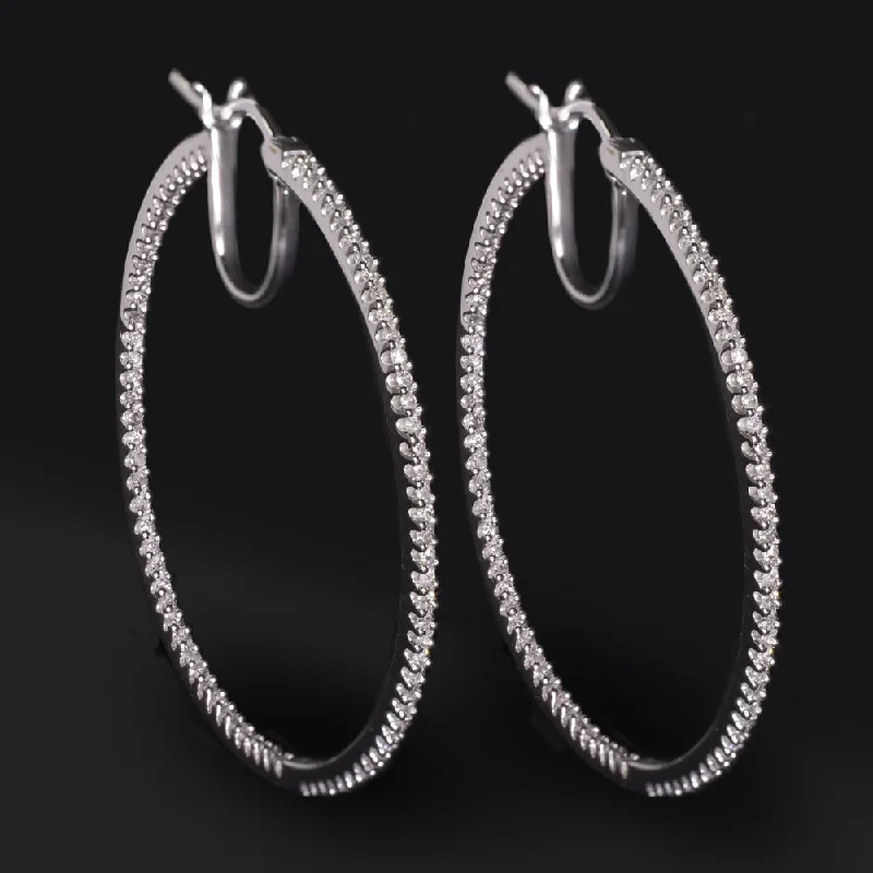 Intricate Earrings For Fashion Lovers-1ct NATURAL DIAMOND IN AND OUT HOOP EARRINGS 1.5 INCH ROUND CUT 10k WHITE GOLD