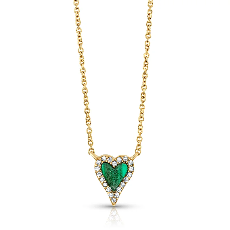 Elegant Choker Necklaces For Elegant Look-MALACHITE & DIAMOND HEART DAINTY CHAIN NECKLACE, 14kt Gold