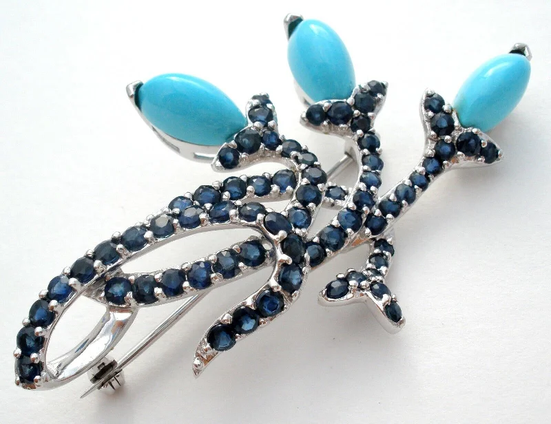 Antique Brooch For Evening Wear-Sapphire & Turquoise 10K White Gold Brooch Pin Vintage