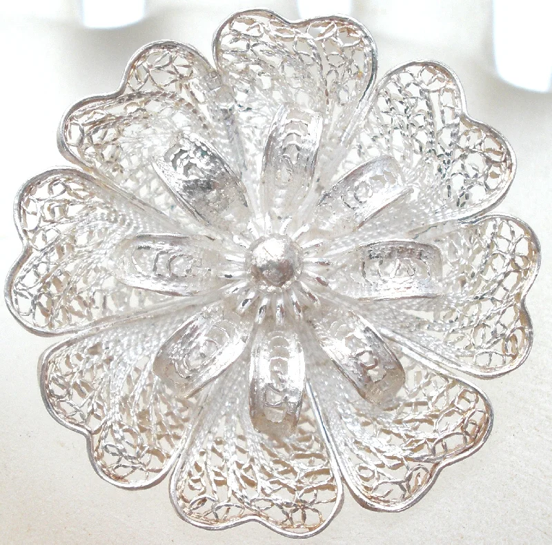 Handmade Brooch For Wedding Look-Sterling Silver Cannetille Flower Brooch Pin Vintage