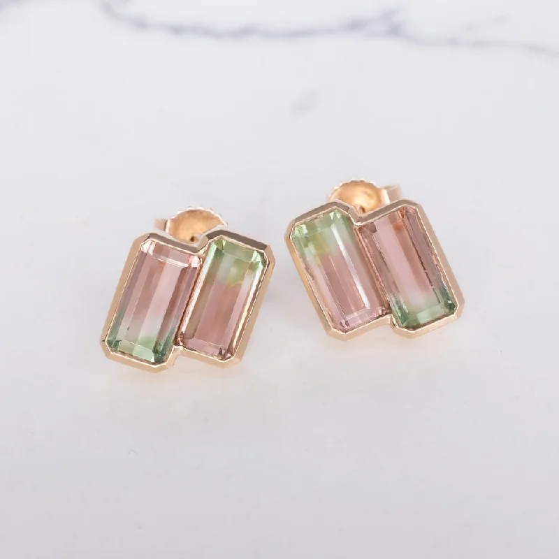 Best Earrings For Sensitive Ears-NATURAL WATERMELON TOURMALINE STUD EARRINGS 14k ROSE GOLD MINIMALIST BEZEL SET