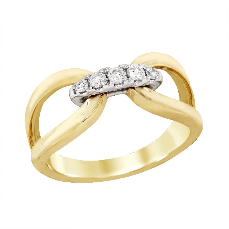 Colorful Gemstone Wedding Rings For Brides-YELLOW GOLD SPLIT SHANK FASHION RING WITH DIAMONDS, .16 CT TW