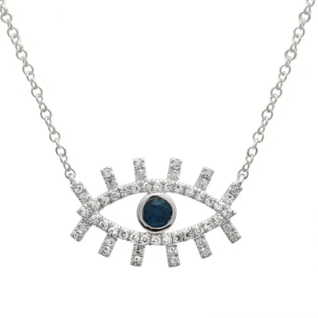 Vintage Gold Necklaces For Classic Style-14K White Gold Diamond + Sapphire Evil Eye Eyelash Necklace