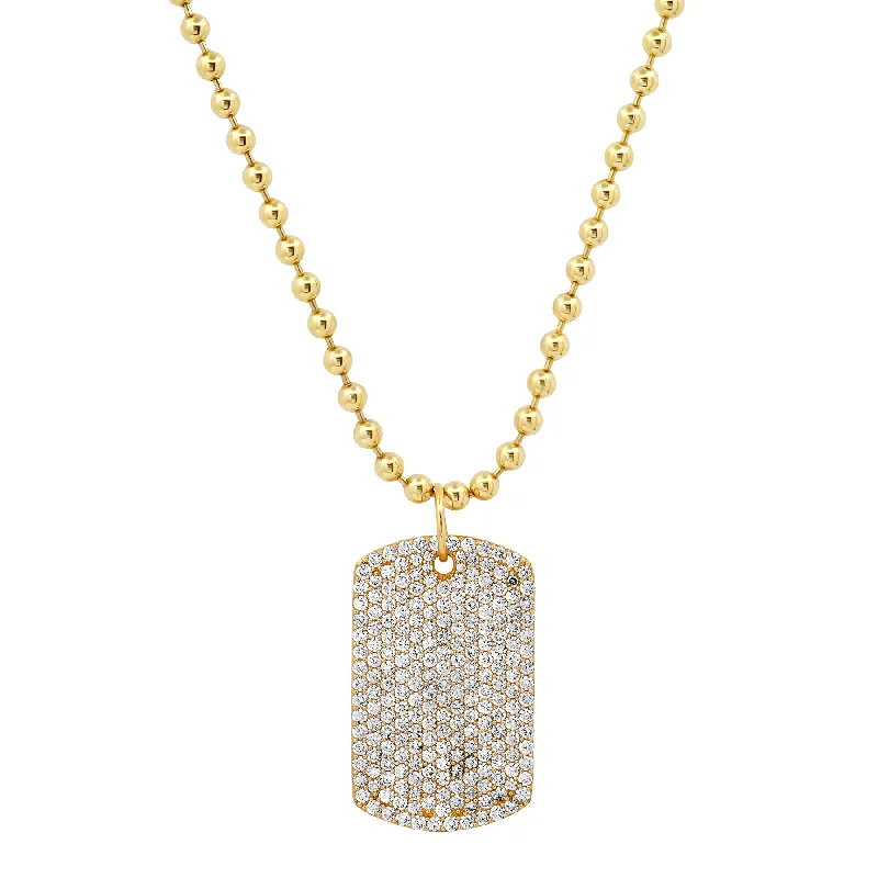 Elegant Choker Necklaces For Fashionistas-SOLID BALL CHAIN W/ BLINDED BY THE LIGHT DIAMOND DOG TAG, 14kt GOLD