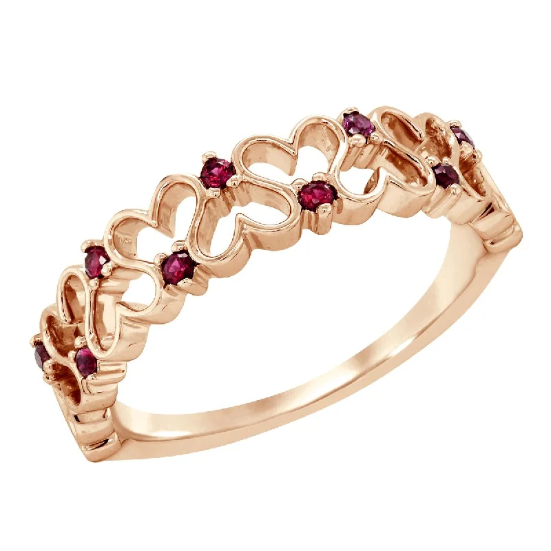 Classic Engagement Rings For Timeless Beauty-ROSE GOLD HEART PATTERN FASHION RING WITH 9 RUBIES