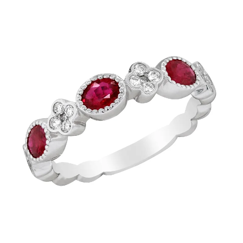 Simple Titanium Rings For Weddings-WHITE GOLD FASHION RING WITH OVAL CUT RUBIES AND ROUND DIAMONDS, .19 CT TW