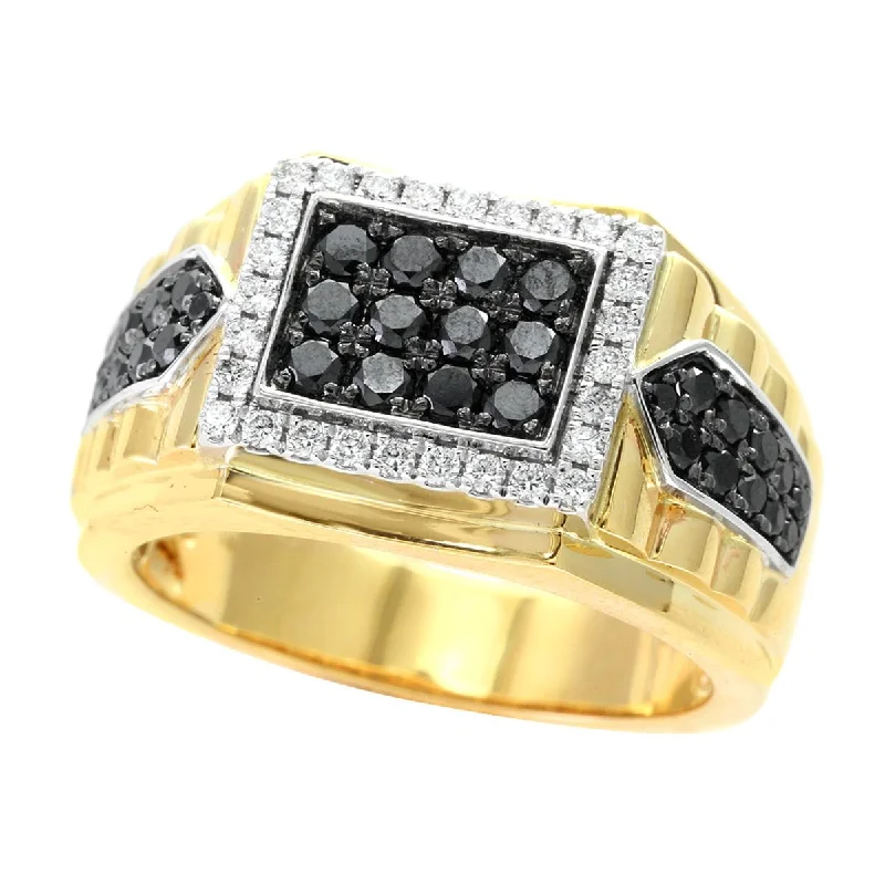 Stunning Diamond Engagement Rings For Proposals-TWO-TONE GOLD MENS FASHION RING WITH BLACK AND WHITE DIAMONDS, 1.07 CT TW