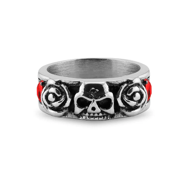 Trendy Stackable Rings For Fashionistas-Skull And Roses With Red CZ Accents Ring / SCR3079