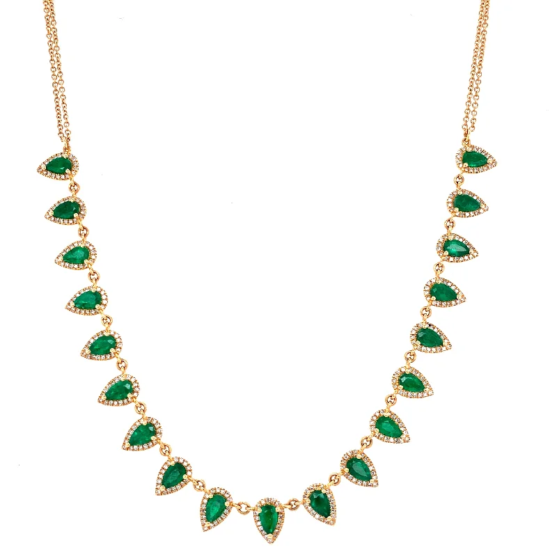 Artistic Handmade Necklaces For Unique Style-14K Yellow Gold Diamond + Emerald Pear Shaped Necklace