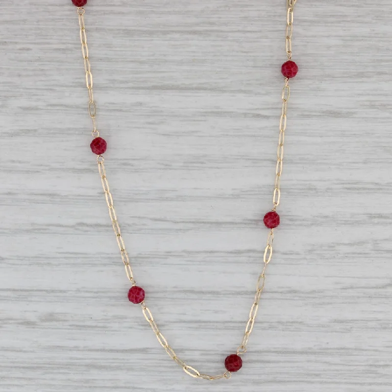 Handmade Beaded Necklaces For Unique Fashion-Red Glass Bead Station Necklace 14k Yellow Gold 16" Cable Chain