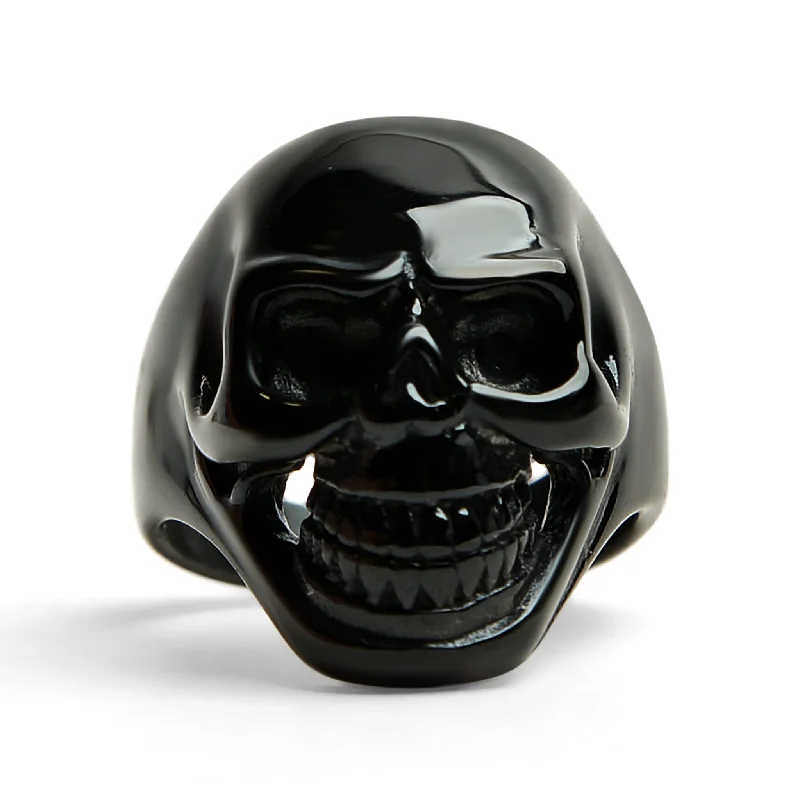 Classic Wedding Rings For Brides-Black Grinning Skull Stainless Steel Ring / SCR4066