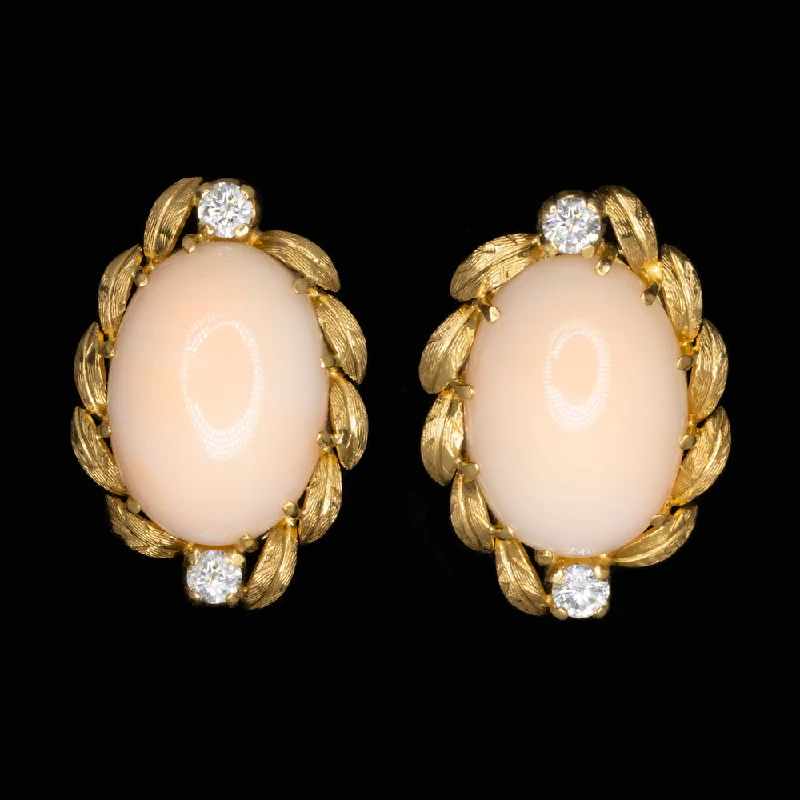 Luxury Earrings For Elegant Gatherings-VINTAGE 18k YELLOW GOLD ANGEL SKIN CORAL DIAMOND EARRINGS OVAL STUD HANDMADE